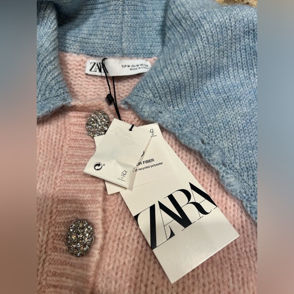 Zara Wool Alpaca Blend Contrast Collar Sweater Front Jewel/Rhinestone Button Med - Picture 8 of 13